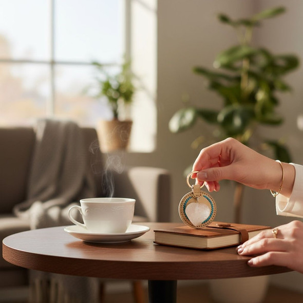 A handmade brown leather keychain featuring a polished, heart-shaped natural clear quartz stone hanging from a metal ring.