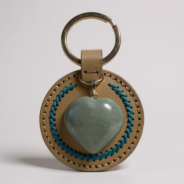 Luxury Handmade Leather Keychain With Heart-shaped Green Artisan Detail Shot