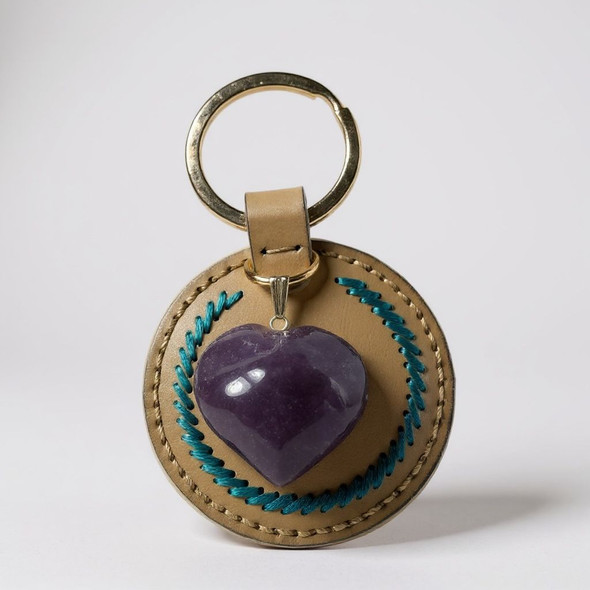 Luxury Handmade Leather Keychain With Heart-shaped Amytis Artisan Detail Shot
