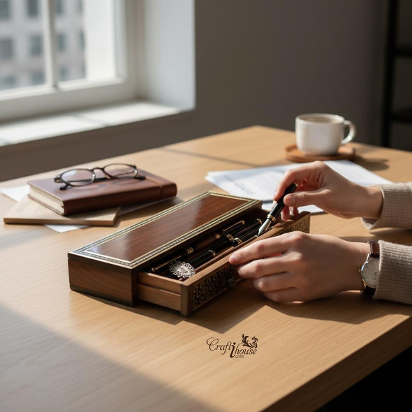 Exclusive Handcrafted Khatamkari Wooden Desktop Box with Drawer Heritage Collection View