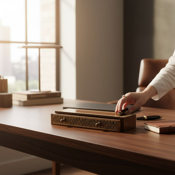 Premium Handcrafted Khatamkari Wooden Desktop Box with Drawer Handcrafted Craftsmanship