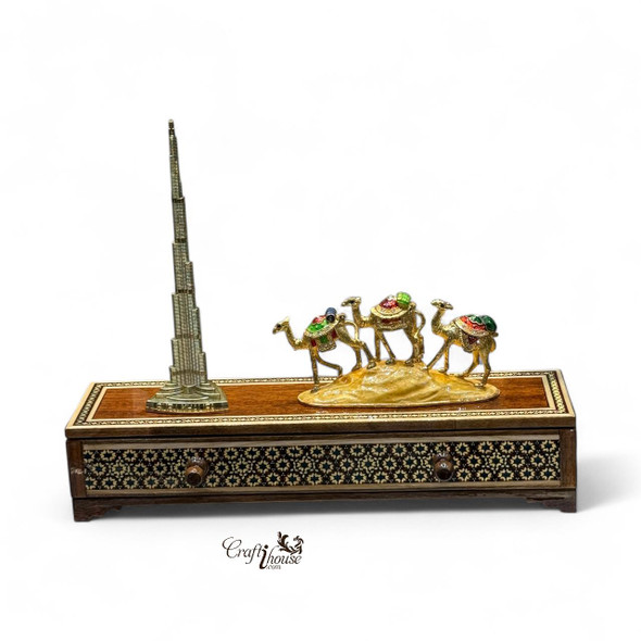 Burj Khalifa & Camel Caravan Khatamkari Wooden Desktop Box – Handmade Brass Inlaid Display Box with Drawer | Luxury Dubai Souvenir & Corporate Gift - Handcrafted Heritage Souvenir from Craftihouse Dubai