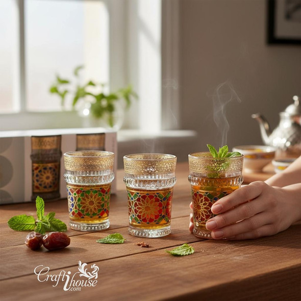 Luxury Arabic 3 Moroccan Tea Glasses Artisan Detail Shot