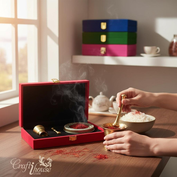 Luxury Wooden Velvet Saffron Gift Box Set