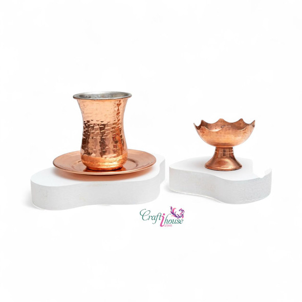 Luxury Copper Coffee Cup & Saucer Set with Pedestal Sugar Bowl in Gift Box Artisan Detail Shot