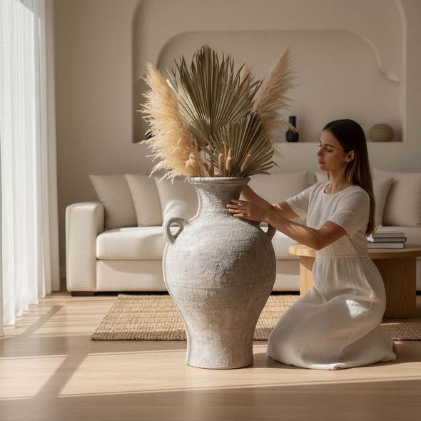 Luxury Large Rustic Clay Vase Handles Artisan Detail Shot