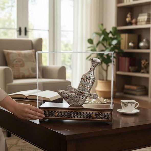 Premium Khatamkari Khanjar display box placed on a leather executive desk, showing its 30cm length and functionality