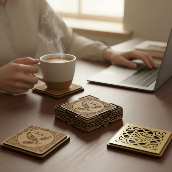 Wooden Coaster Set With Decorative Box | Sophisticated Middle Eastern Art & Home Anchor - Luxury Handcrafted Art Craftihouse Dubai