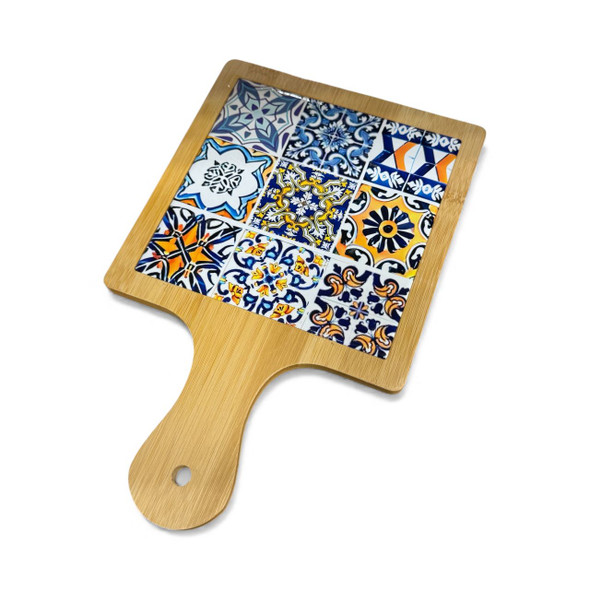 Luxury Square Wooden Breadboard with Artistic Tile Pattern Artisan Detail Shot