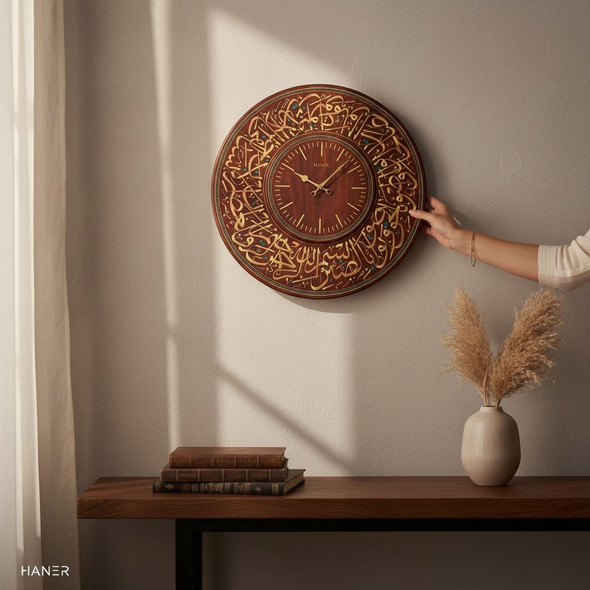 Handmade Wooden Islamic Calligraphy Wall Clock 60 Cm – Surah Al-asr Engraved Calligraphy Home | Handcrafted Arabic Art & Spiritual Table Decor - Luxury Handcrafted Art Craftihouse Dubai