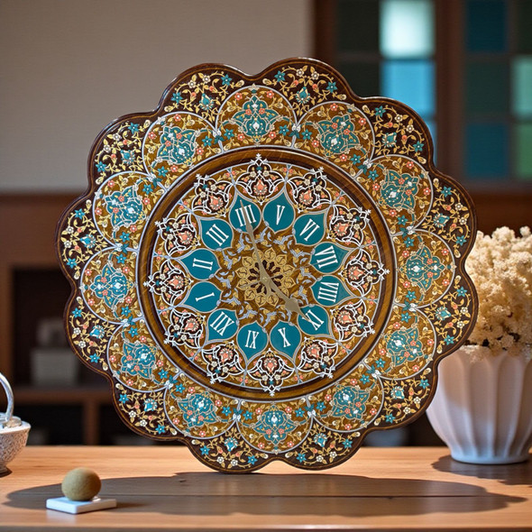 Wooden Embossed Hand-painted Wall Clock – Islamic Floral Mandala Wall 60 Cm Large Decorative Home Decor Clock | Premium Quranic Verse Art | Spiritual Souvenir - Luxury Handcrafted Art Craftihouse Dubai