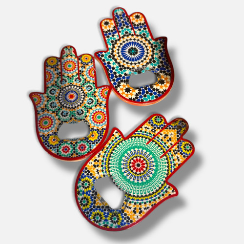 Hamsa Hand (Hand of Fatima) bottle opener fridge magnet made of metal with cultural symbolic design and strong magnetic backing.