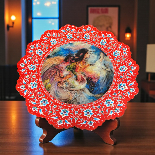 Copper Minakari decorative plate 30 cm with hand-painted enamel and Persian miniature center