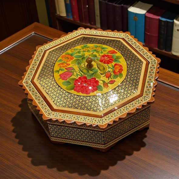 Hexagon luxury handmade Khatamkari wooden gift box with bird and flower hand-painted art