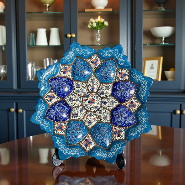 A professional product shot of the 16 cm copper Minakari plate displayed on a wooden tabletop surface.