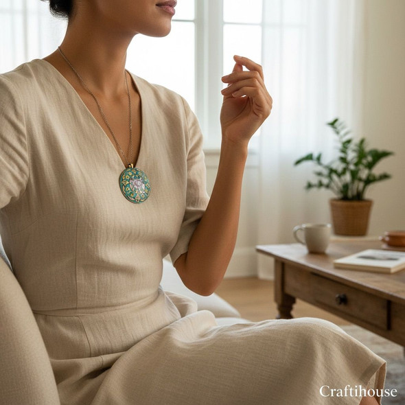 Handmade enamel jewelry pendant featuring Persian floral Minakari patterns