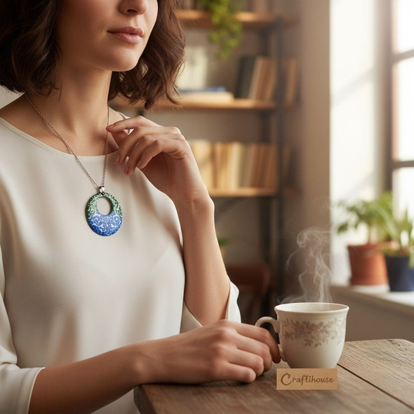 Round Minakari copper pendant with green and blue enamel patterns, handmade art jewelry