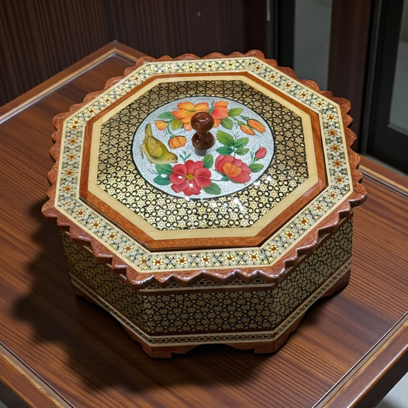 Luxury handmade Khatamkari wooden jewelry box 18x18x6 cm with brass & camel bone inlay