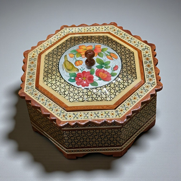 Hand-painted birds and floral Persian art on Khatamkari jewelry box