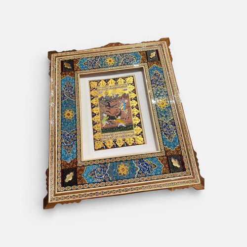 Hand-painted Persian miniature artwork framed in traditional Khatamkari mosaic wood frame
