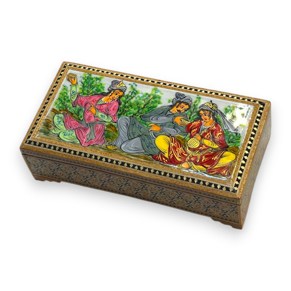 Collector-grade Persian miniature painting on Khatamkari wooden box with velvet interior