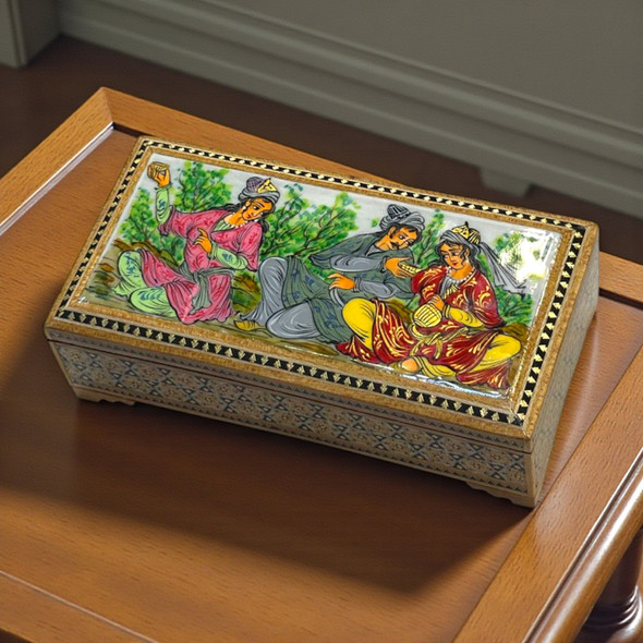 Exclusive Khatamkari Inlaid Wooden Gift Box With Layla And Majnun Miniature Heritage Collection View