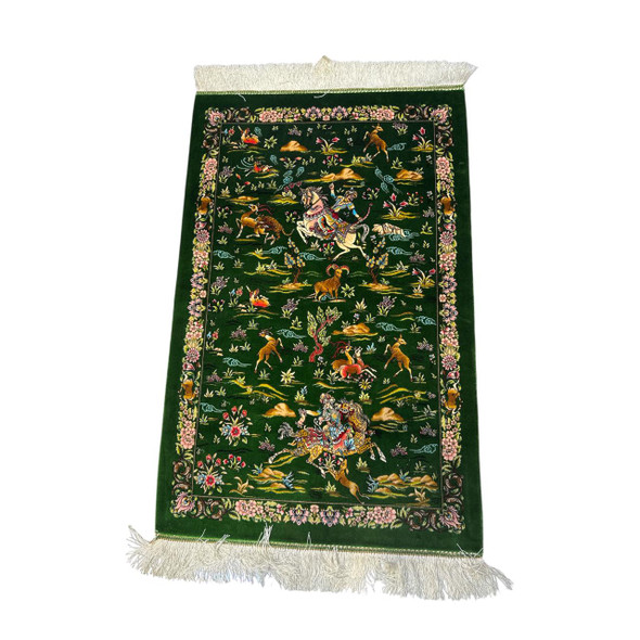 Luxury Silk Carpet 60x90cm Green Hunting Scene Rug Artisan Detail Shot