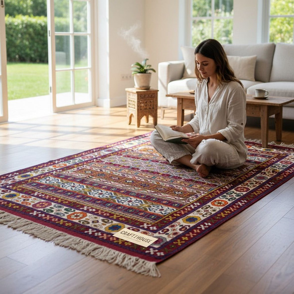 Full overhead view of a colorful handmade Turkmen Kilim carpet with geometric patterns, 170x130 cm.