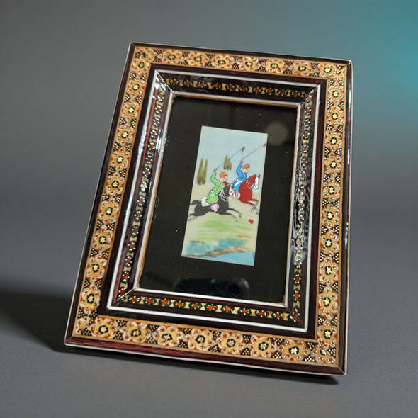 Front view of a 17.5x13.5 cm Khatamkari inlaid wooden frame featuring a hand-painted Persian miniature on camel bone.
