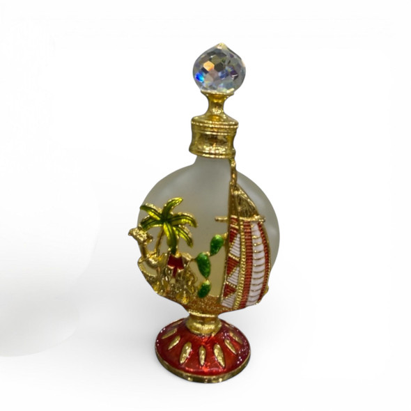 Aesthetic 30ml perfume flask with silver Burj Al Arab and camel motifs on a luxury vanity tray