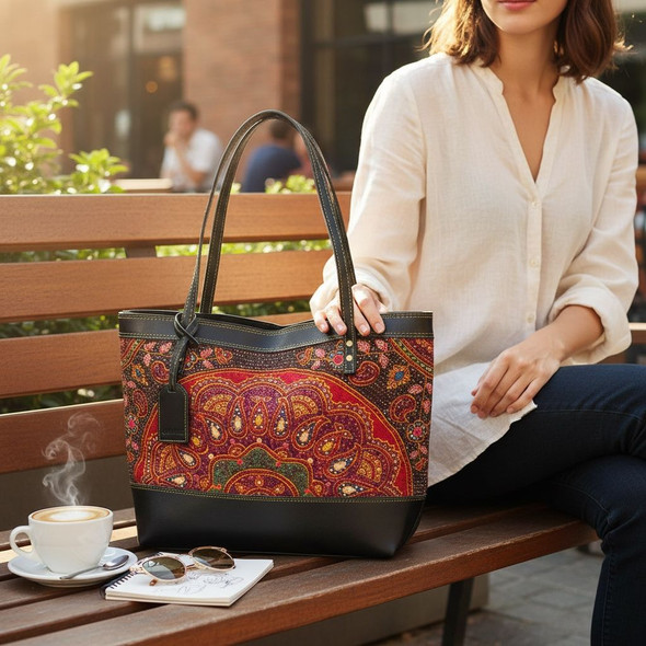 A 40x35 cm large black leather tote bag featuring a massive central panel of vibrant red hand-embroidered Pateh Dozi art.