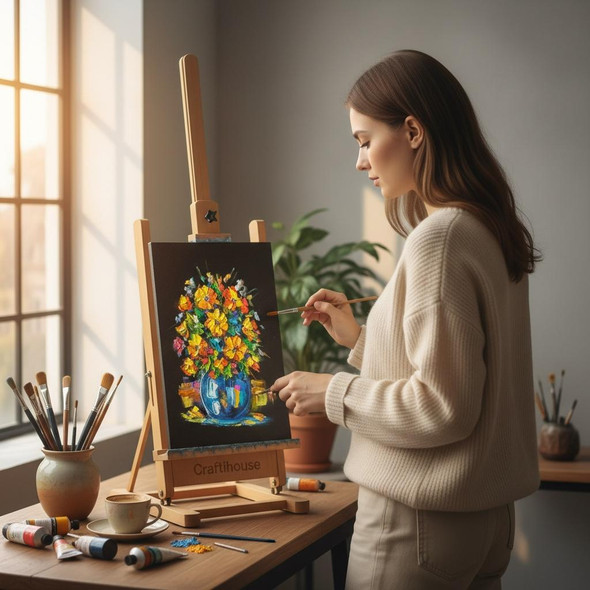 A 30x20 cm oil painting on black velvet featuring a colorful embossed flower pot and a lush bouquet of roses.