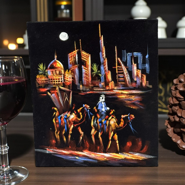 Exclusive Dubai Icons" Panoramic Oil Painting On Black Velvet Burj Khalifa Museum Of The Future Wall Art 30x25 Cm Original Heritage Collection View