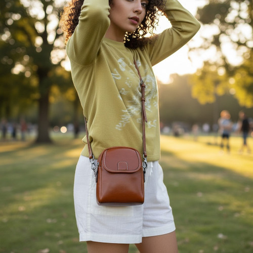 Front view of the premium cognac brown mini crossbody bag made from genuine cow leather, showing the elegant pebble-grain texture and triple-zipper design.