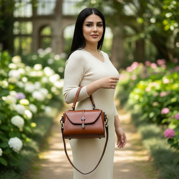 Product dimension guide for the tan leather satchel showing a 19.8cm length, 12.5cm height, and 8.5cm depth.