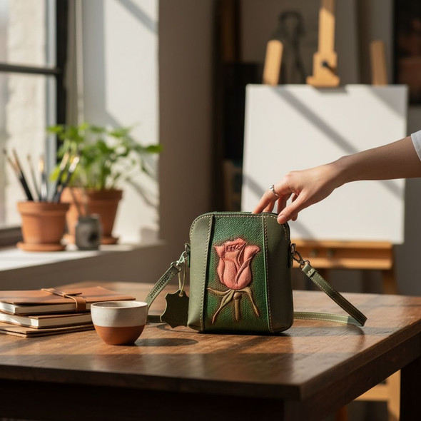 Exclusive Artisanal Rose Embossed Hand-Painted Crossbody Bag Heritage Collection View