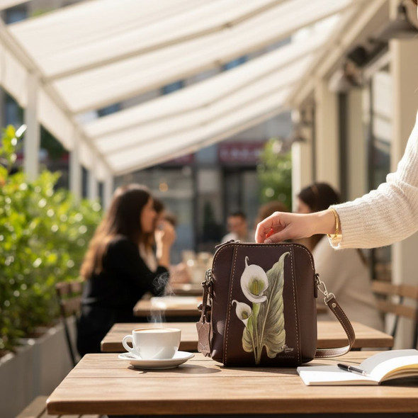 Front view of the coffee brown genuine cow leather crossbody bag featuring a vibrant hand-painted embossed Calla Lily floral design.