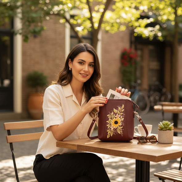 Luxury Artisanal Sunflower Embossed Hand-Painted Crossbody Bag Artisan Detail Shot