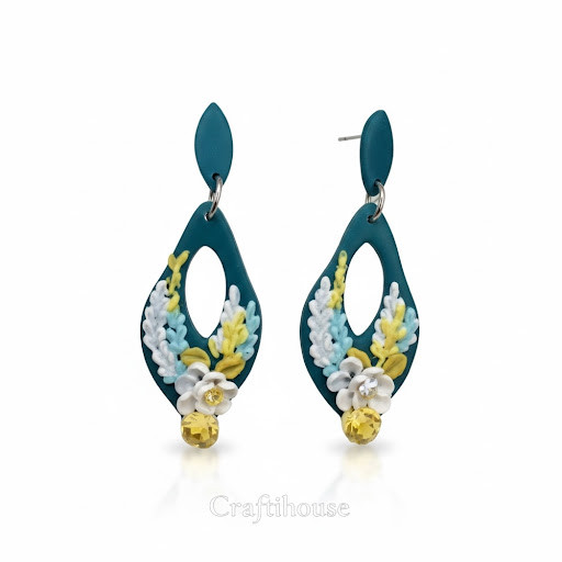 A pair of handcrafted teal open-teardrop earrings featuring white and yellow 3D sculpted clay flowers and a yellow crystal drop.