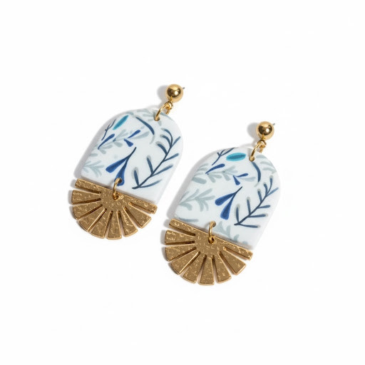 A pair of handcrafted white arched clay earrings featuring a delicate blue botanical pattern and decorative gold-toned sunray filigree.