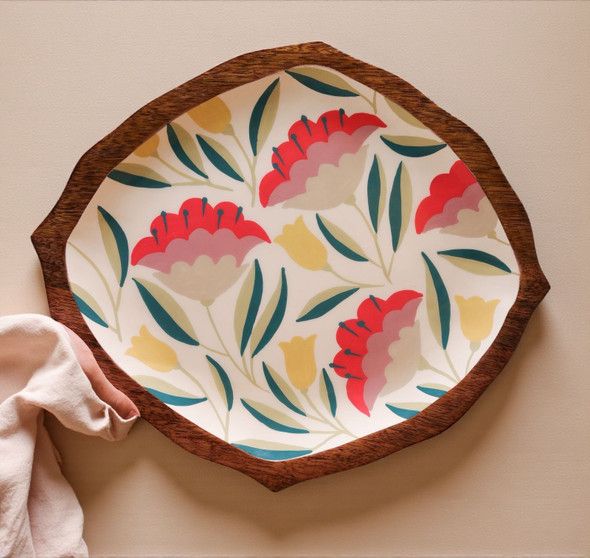 Top-down view of a handcrafted lotus-inspired mango wood tray measuring 36x30x3 cm with a palm motif interior.