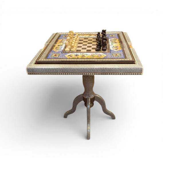 Close-up of the interior playing surface showing highly detailed hand-painted hunting scenes and floral borders.