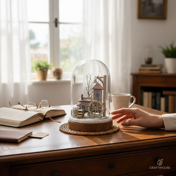 Luxury Handcrafted Miniature Watermill Snow Globe Dome Artisan Detail Shot