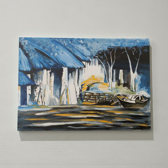 A large 100x50 cm horizontal acrylic painting on canvas featuring an abstract blue and white riverside village with a boat.