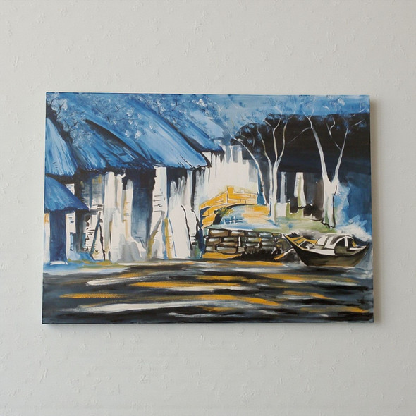 Close-up of the hand-painted brushstrokes on the canvas, highlighting the textured blue rooftops and shimmering gold light reflections.