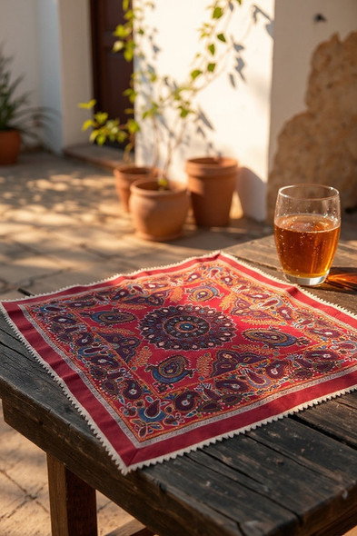 A 100x100 cm square red wool tablecloth featuring intricate handmade Pateh Dozi needlework and a central sunburst medallion.