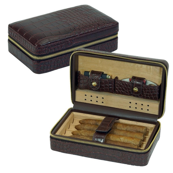 A closed view of the luxury dark brown leather travel cigar case featuring a deep embossed crocodile pattern and gold zipper.