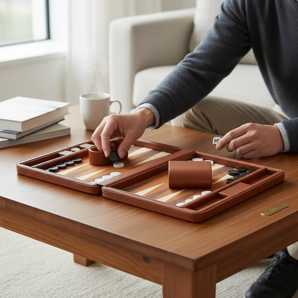 A closed tan leather backgammon case showing its portable dimensions of 247mm by 188mm and a 55mm height.