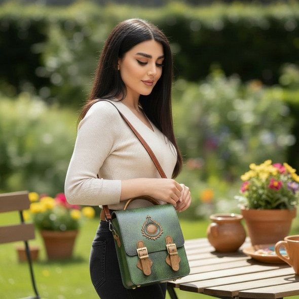The back of the green leather satchel showing the integrated card slots and vertical zipper pocket.
