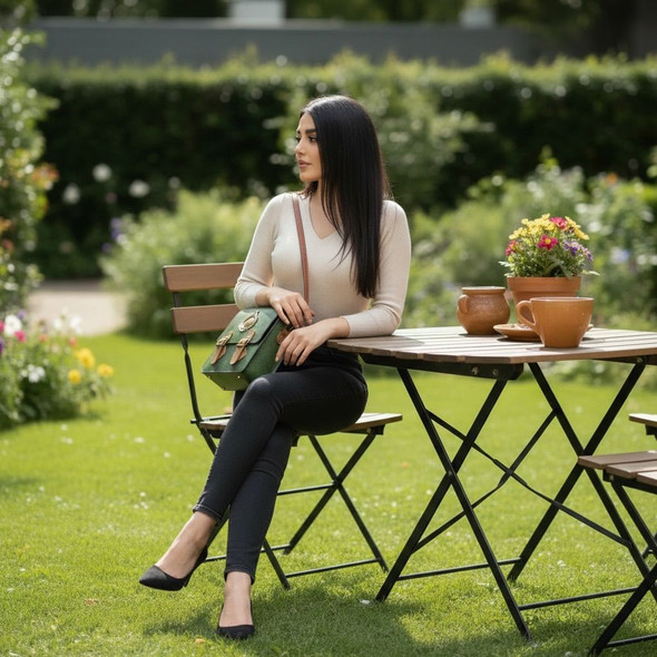 The front of the 29 cm Emerald Nomad Executive Satchel in forest green leather with a tan sunburst emblem.